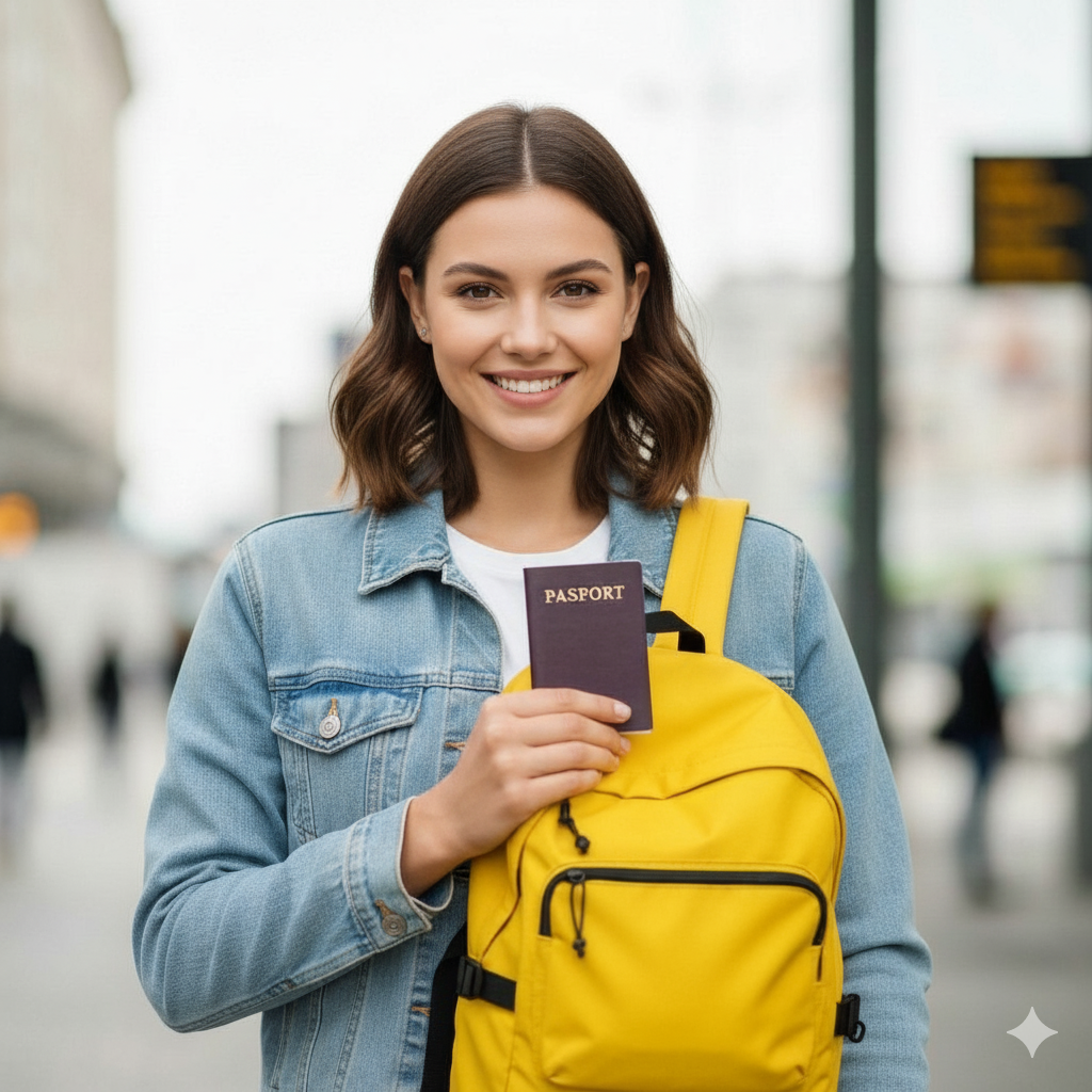 Traveler with yellow backpack